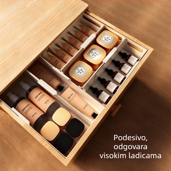 Organizator ladice s ugrađenim pregradama za kozmetiku i ruževe, teleskopske podjele, pogodan za toaletni stol, duboki ormarić, studentski dom