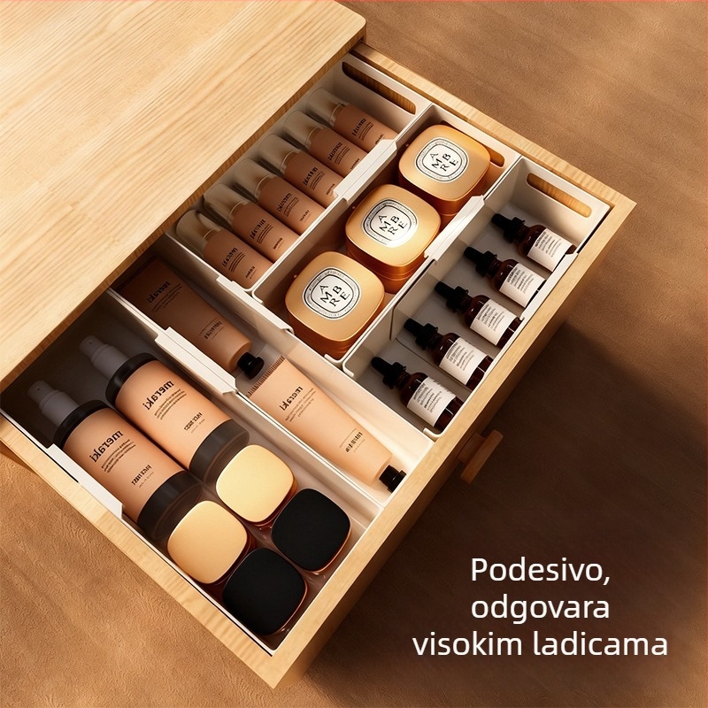 Organizator ladice s ugrađenim pregradama za kozmetiku i ruževe, teleskopske podjele, pogodan za toaletni stol, duboki ormarić, studentski dom