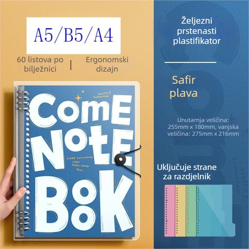 A4 PP bilježnica s metalnim klipom, odvojiva, udobna za držanje, za učenike od osnovne škole do sveučilišta