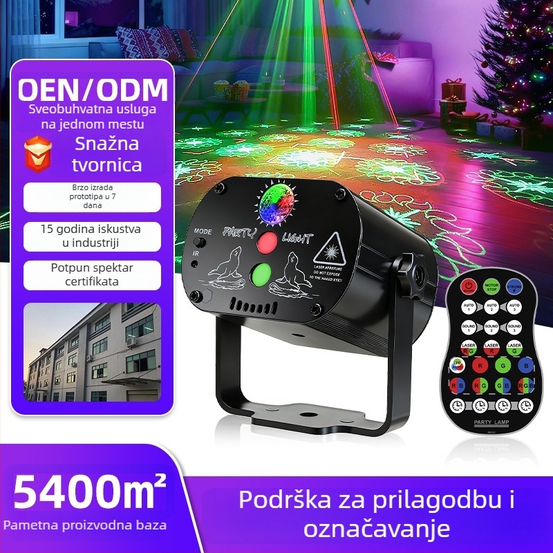 Mini lasersko scensko svjetlo s daljinskim i glasovnim upravljanjem – laserski + LED izvor, model R60, 5V USB napajanje, unutarnja uporaba, kućište od aluminijskih legura, CE certifikat