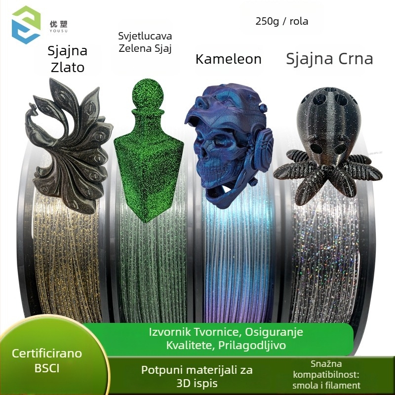 Core-Spun Svjetleći PLA filament, skup 4×250 g, točnost ispisa 0,4 mm, Shine PLA materijal