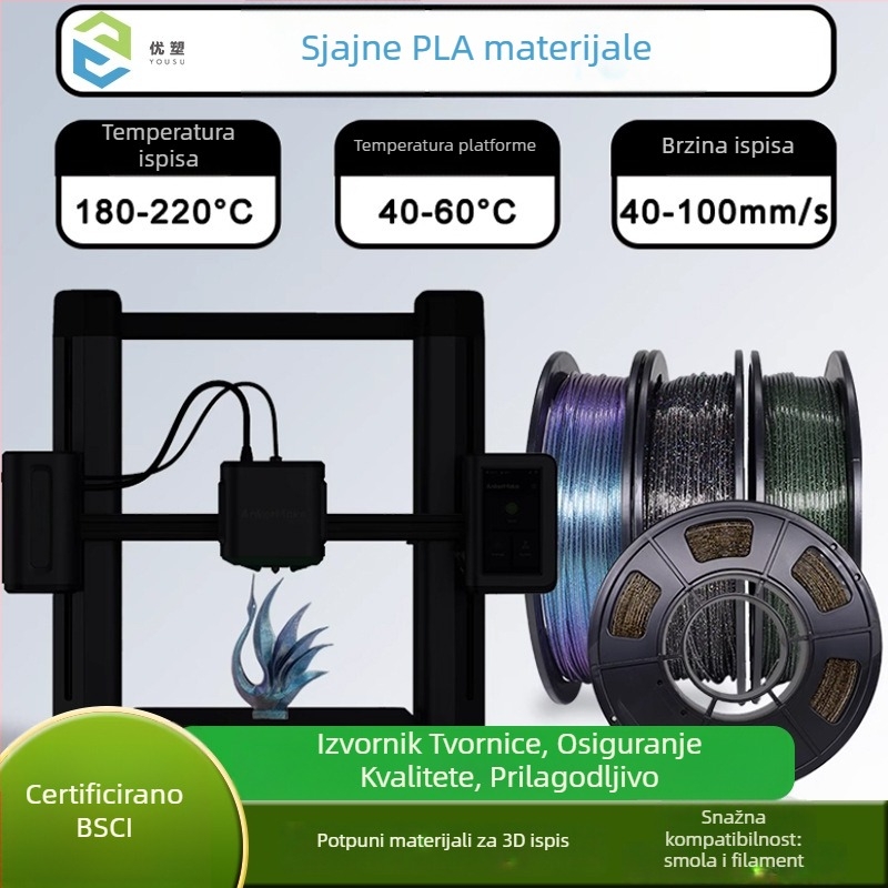 Core-Spun Svjetleći PLA filament, skup 4×250 g, točnost ispisa 0,4 mm, Shine PLA materijal