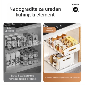 Sklopivi kuhinjski organizator s izvučnim košarom ispod sudopera, za organizaciju i skladištenje