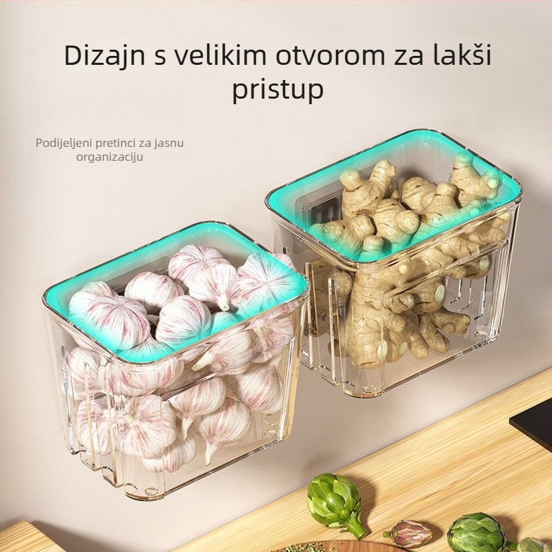 Zidni kuhinjski okvir za odlaganje luka, đumbira i češnjaka — bez montaže, plastika, nordijski stil