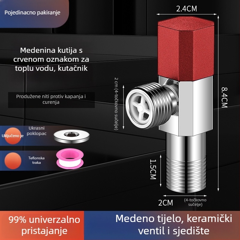 Kutni bakreni ventil, ojačani, za toplu i hladnu vodu, troputni ventil za zatvaranje, navoja priključak, model XL-005, unutarnji promjer 20 mm