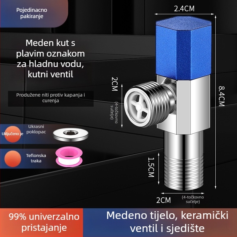 Kutni bakreni ventil, ojačani, za toplu i hladnu vodu, troputni ventil za zatvaranje, navoja priključak, model XL-005, unutarnji promjer 20 mm