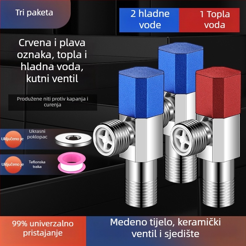 Kutni bakreni ventil, ojačani, za toplu i hladnu vodu, troputni ventil za zatvaranje, navoja priključak, model XL-005, unutarnji promjer 20 mm