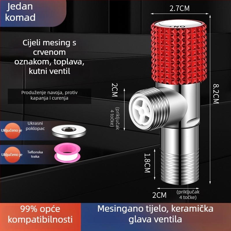 Kutni bakreni ventil, ojačani, za toplu i hladnu vodu, troputni ventil za zatvaranje, navoja priključak, model XL-005, unutarnji promjer 20 mm