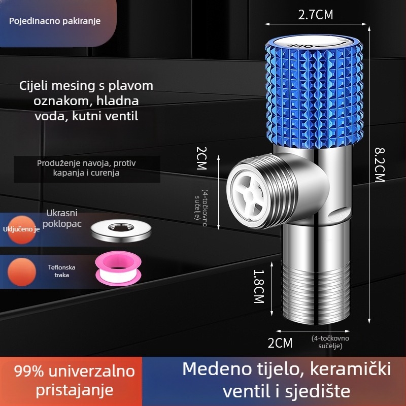 Kutni bakreni ventil, ojačani, za toplu i hladnu vodu, troputni ventil za zatvaranje, navoja priključak, model XL-005, unutarnji promjer 20 mm