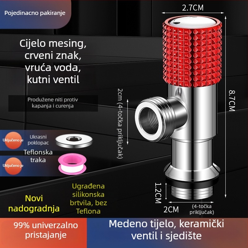 Kutni bakreni ventil, ojačani, za toplu i hladnu vodu, troputni ventil za zatvaranje, navoja priključak, model XL-005, unutarnji promjer 20 mm