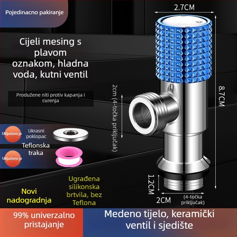Kutni bakreni ventil, ojačani, za toplu i hladnu vodu, troputni ventil za zatvaranje, navoja priključak, model XL-005, unutarnji promjer 20 mm