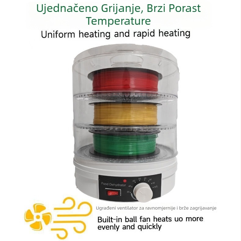 Kućno sušilo za potrošni materijal 3D ispisa, cilindrično, nosivost 5–10 kg, jedan sloj, 350W, mehaničko upravljanje, do 480 minuta