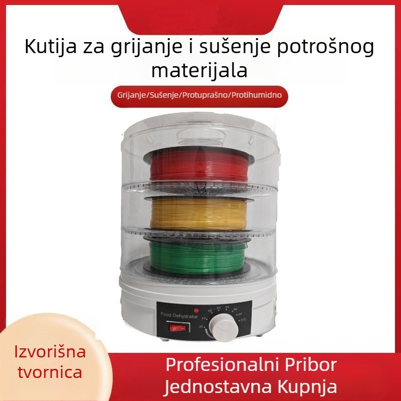 Kućno sušilo za potrošni materijal 3D ispisa, cilindrično, nosivost 5–10 kg, jedan sloj, 350W, mehaničko upravljanje, do 480 minuta