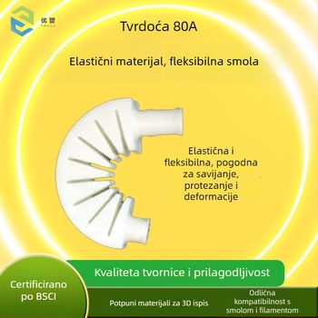 Elastična fotopolimerna smola 80A, točnost ispisa 0,2 mm, maksimalna veličina ispisa 1000, težina 0,5–1 kg