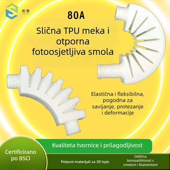 Elastična fotopolimerna smola 80A, točnost ispisa 0,2 mm, maksimalna veličina ispisa 1000, težina 0,5–1 kg