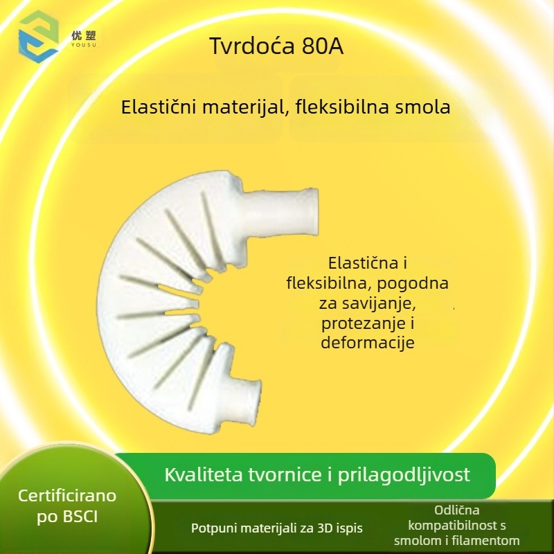 Elastična fotopolimerna smola 80A, točnost ispisa 0,2 mm, maksimalna veličina ispisa 1000, težina 0,5–1 kg