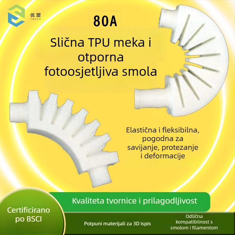 Elastična fotopolimerna smola 80A, točnost ispisa 0,2 mm, maksimalna veličina ispisa 1000, težina 0,5–1 kg
