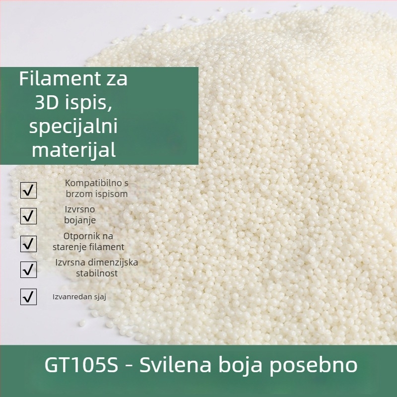 PLA filament za 3D ispis – sirov materijal, ojačan, visok sjaj, kružni presjek, gustoća 1.240–1.27 g/cm³, produljenje loma ≥1.5, natega čvrstoća ≥50 MPa