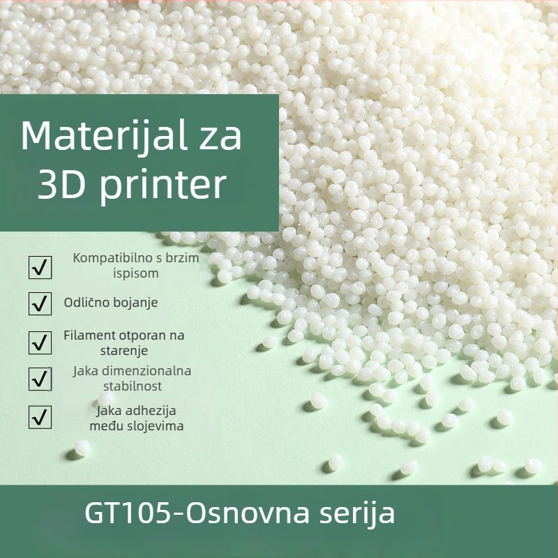 Pojačani PLA filament za 3D ispis, visoka čvrstoća; kružni presjek; gustoća 1.270–1.300 g/cm³; produljenje pri lomljenju ≥1.5; model GT105