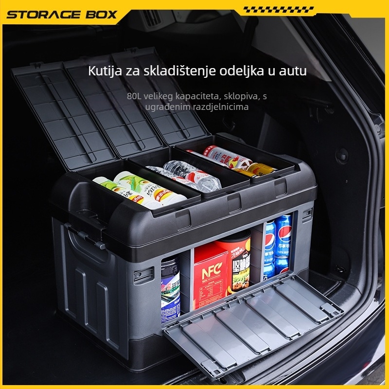 Kutija za skladištenje u prtljažniku automobila s pregradom, sklopiva, kapacitet 70–80 L, PP plastika, višestruka namjena