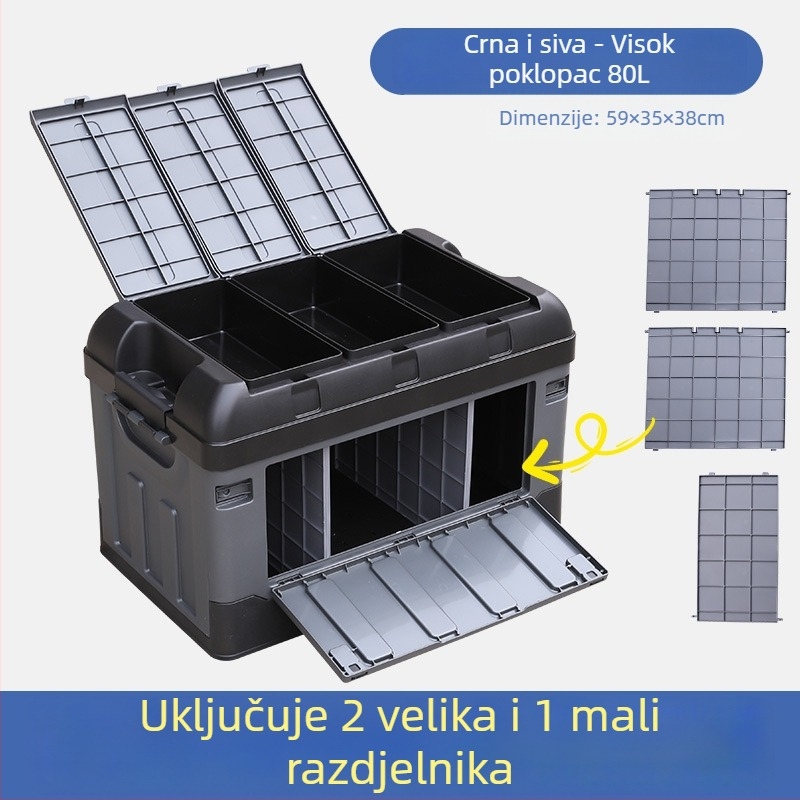 Kutija za skladištenje u prtljažniku automobila s pregradom, sklopiva, kapacitet 70–80 L, PP plastika, višestruka namjena