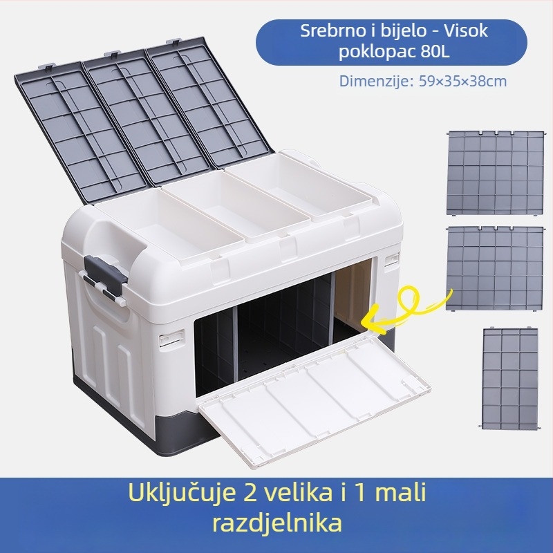 Kutija za skladištenje u prtljažniku automobila s pregradom, sklopiva, kapacitet 70–80 L, PP plastika, višestruka namjena