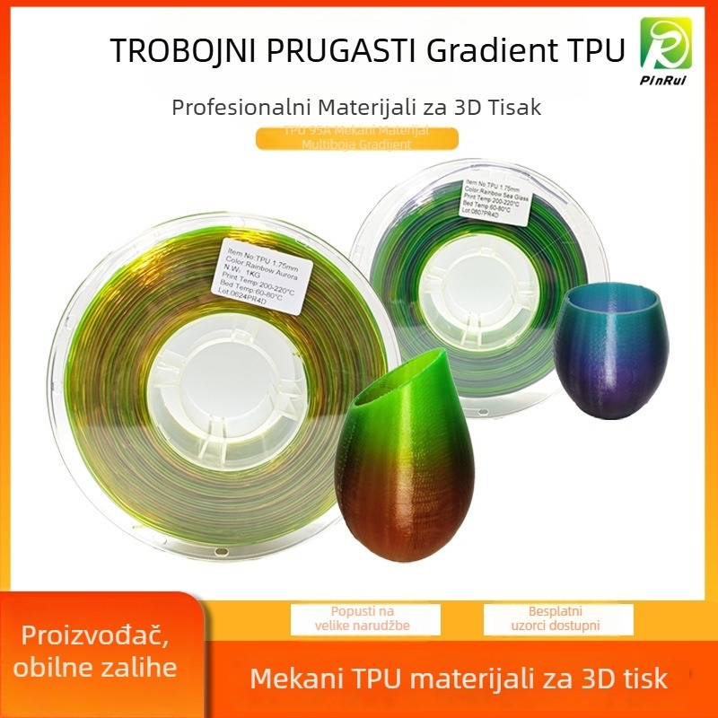 TPU šareni filament za 3D ispis — višebojni gradient, kružni presjek, duljina 265 m, gustoća 1.3 g/cm³