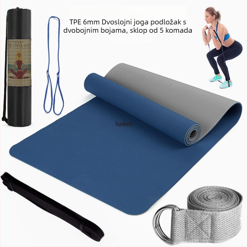 Joga prostirka - Petodijelni set s trakama za istezanje, latex, TPE, 6 mm
