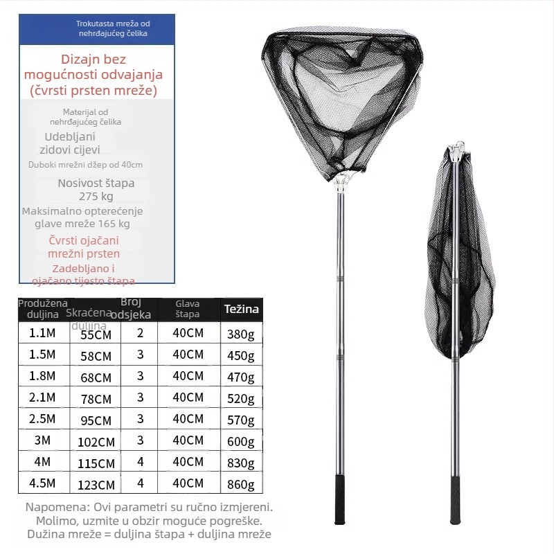 Sklopiva mreža za ribolov od nehrđajućeg čelika s teleskopskom šipkom; čvrsta mreža; sitna mreža; nosivost 300