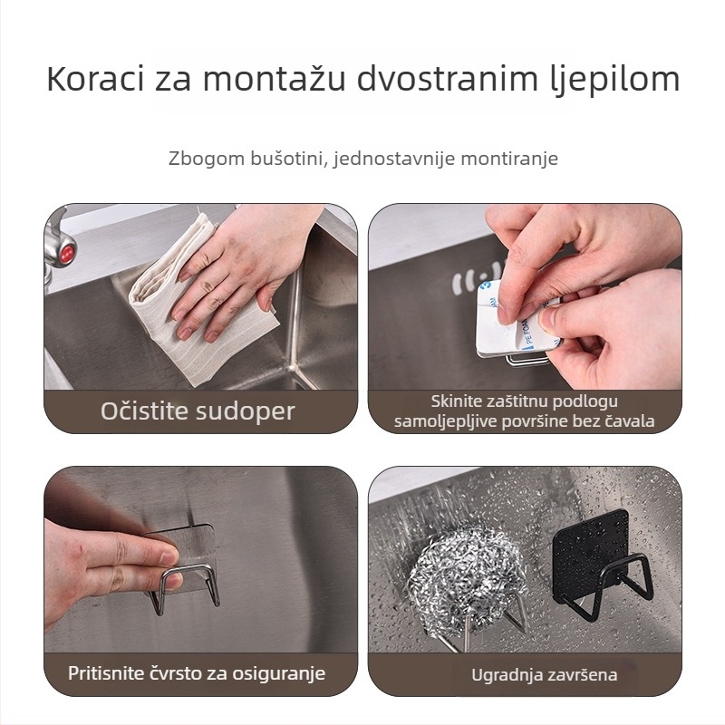 Nerđajući čelični zidni držač za spužvu i krpu, montaža bez bušenja ljepilom, višenamjenski organizator