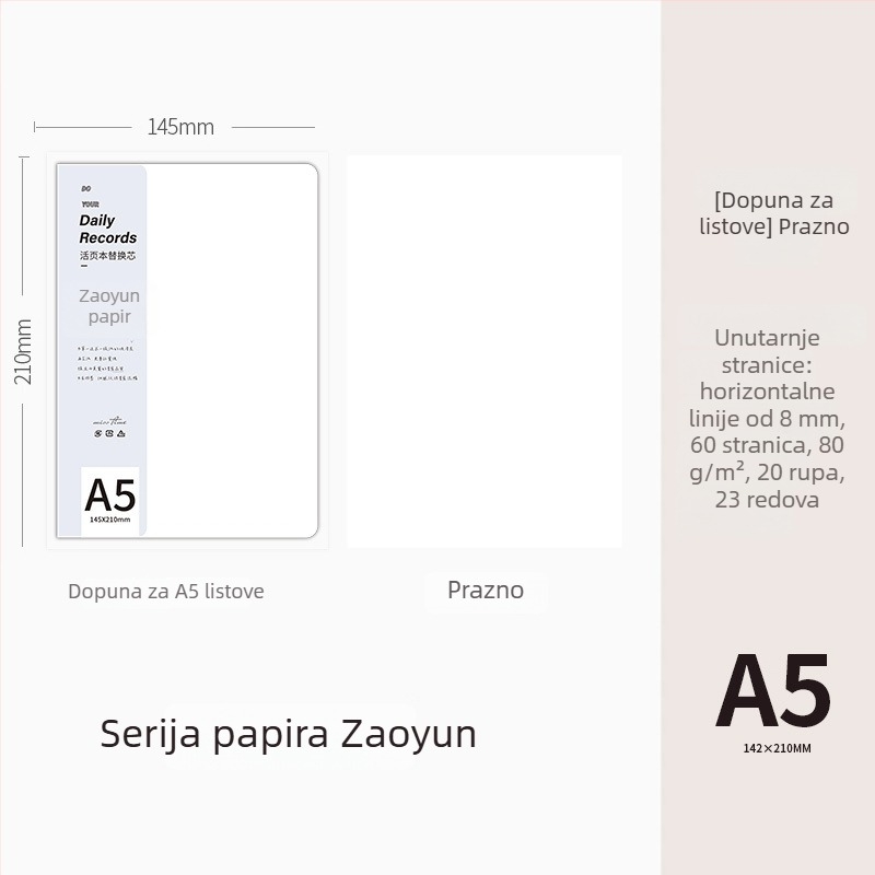 Serija refill papira za loose-leaf bilježnice, vodoravne crte, kompatibilna s bilježnicama s 20 i 26 rupa, 60 listova, reciklirani papir