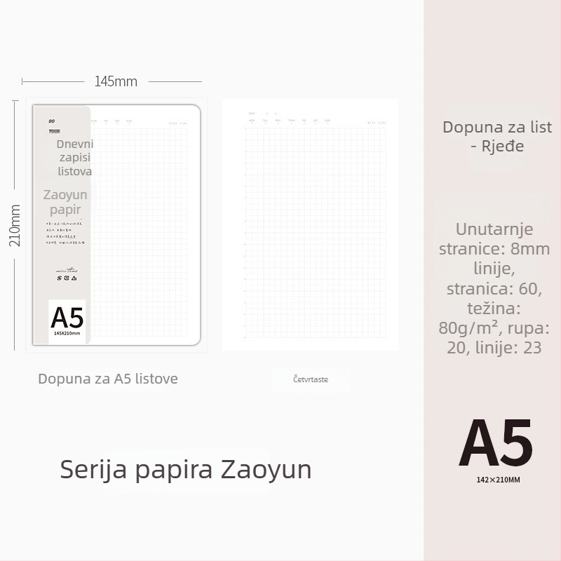 Serija refill papira za loose-leaf bilježnice, vodoravne crte, kompatibilna s bilježnicama s 20 i 26 rupa, 60 listova, reciklirani papir
