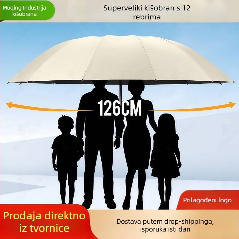 Kišobran, s 12 rebara, sklopivi, ručno otvaranje/zatvaranje, UV zaštita UPF>50, tkanina 190T, moguć ispis loga
