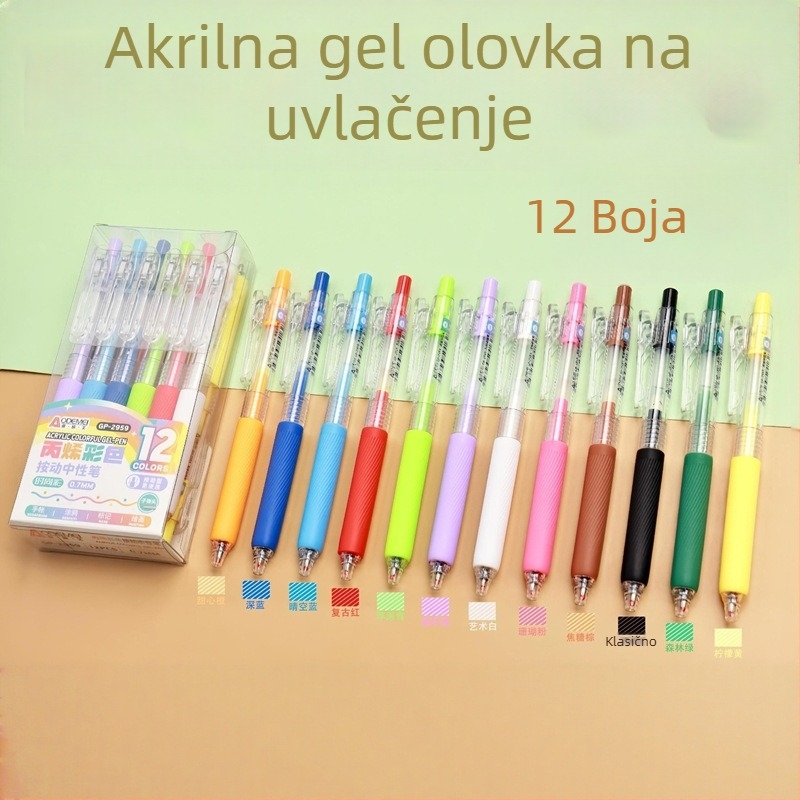 12 boja gelnih kemijskih olovaka s mehanizmom pritiskanja, akrilne boje, sjajne za učenike, dnevnik i crtanje