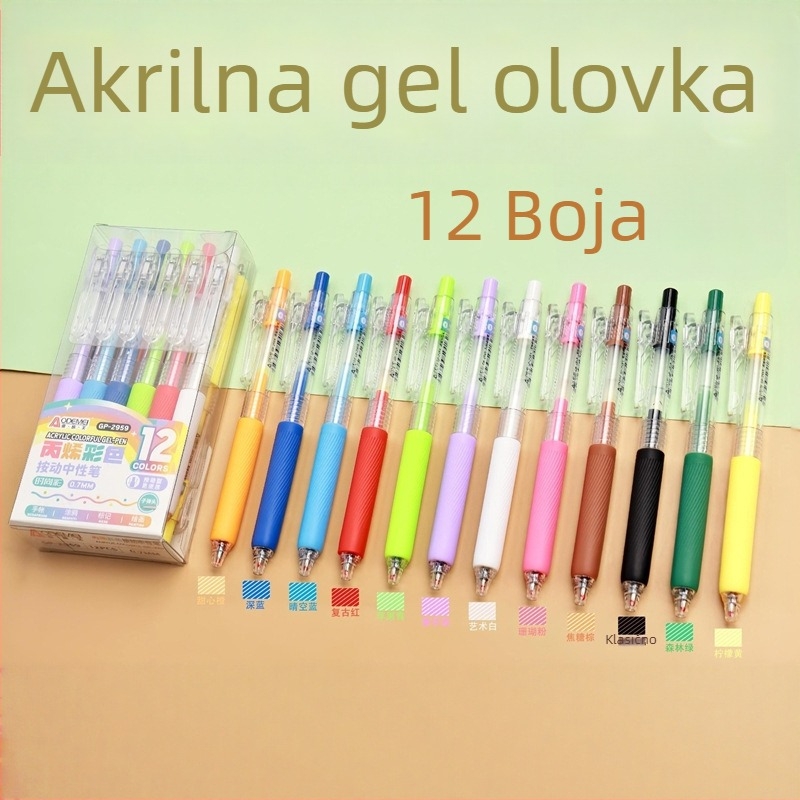 12 boja gelnih kemijskih olovaka s mehanizmom pritiskanja, akrilne boje, sjajne za učenike, dnevnik i crtanje