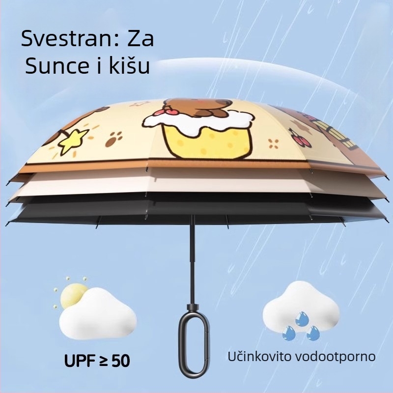 Dječji trodijelni sklopivi kišobran s kopčom, vinil UV zaštita, automatsko zatvaranje, 8 rebara od legure, za školu