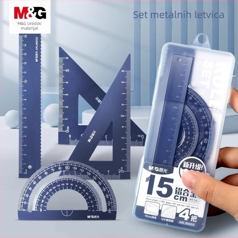Aluminijski set za crtanje od aluminijske legure (4 komada): ravnalo s pravim rubom, valovito ravnalo, kutomjer, trokutna ploča — Model ARL960G0, brenda M&G Morning Light, neto težina 100 g