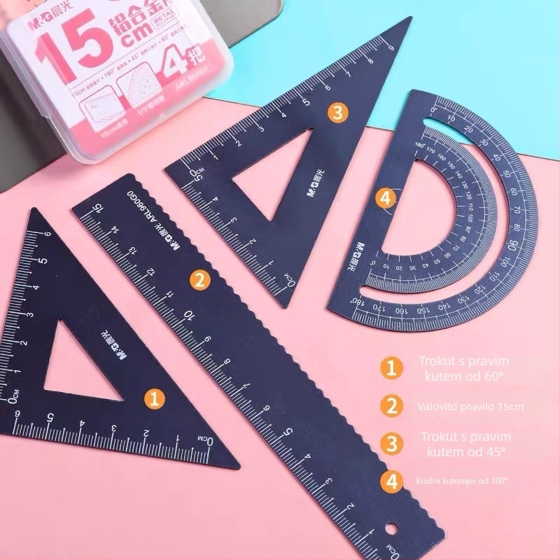 Aluminijski set za crtanje od aluminijske legure (4 komada): ravnalo s pravim rubom, valovito ravnalo, kutomjer, trokutna ploča — Model ARL960G0, brenda M&G Morning Light, neto težina 100 g