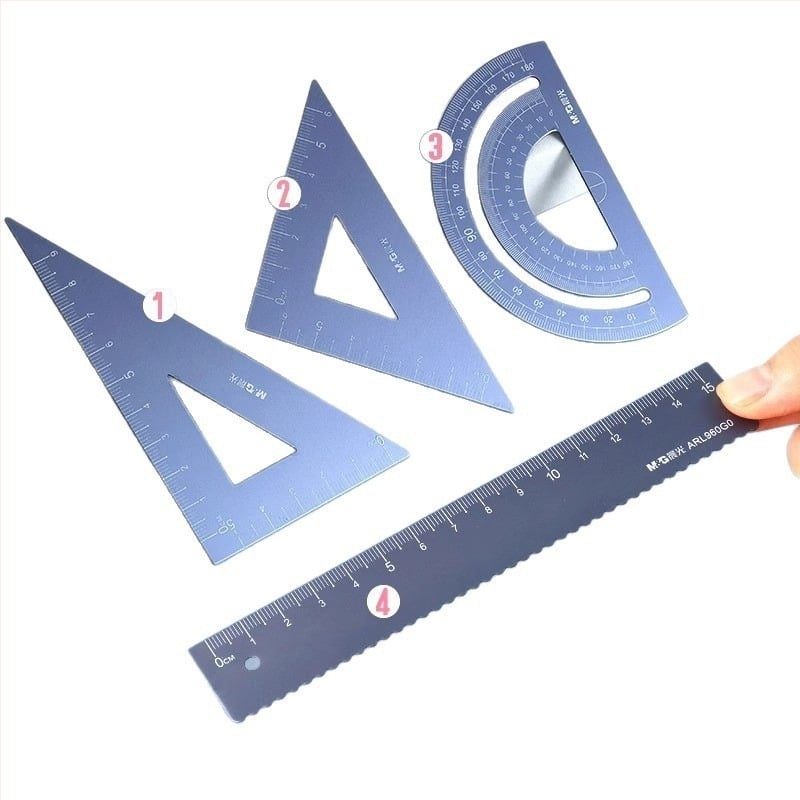 Aluminijski set za crtanje od aluminijske legure (4 komada): ravnalo s pravim rubom, valovito ravnalo, kutomjer, trokutna ploča — Model ARL960G0, brenda M&G Morning Light, neto težina 100 g