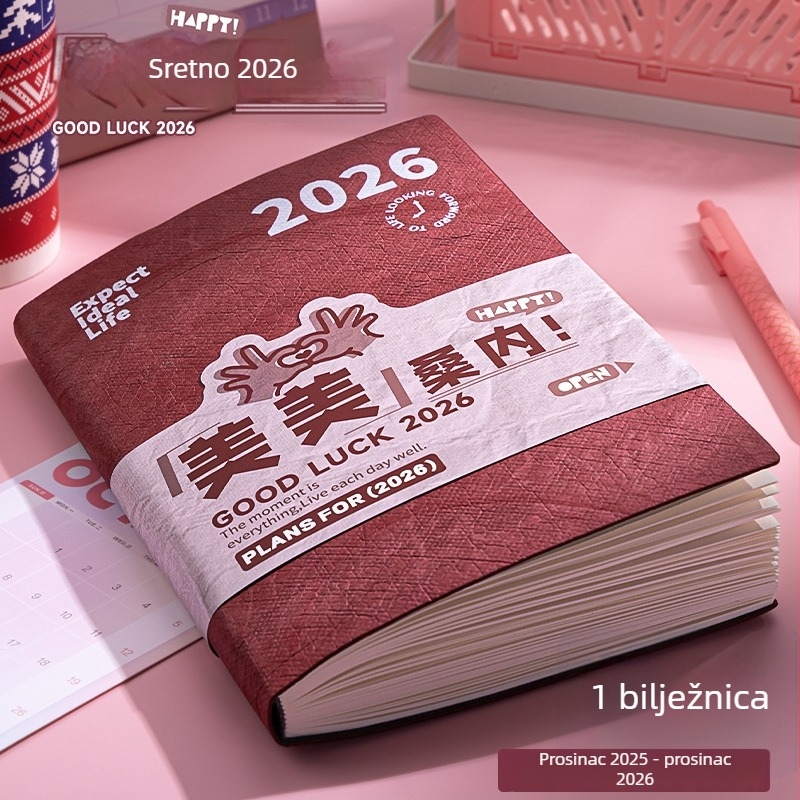 Bilježnica s planiranjem za 2026. godinu: kalendar i upravljanje vremenom, šivano uvez, Dowling papir 75 g/m², 50–100 stranica, kreativni stil