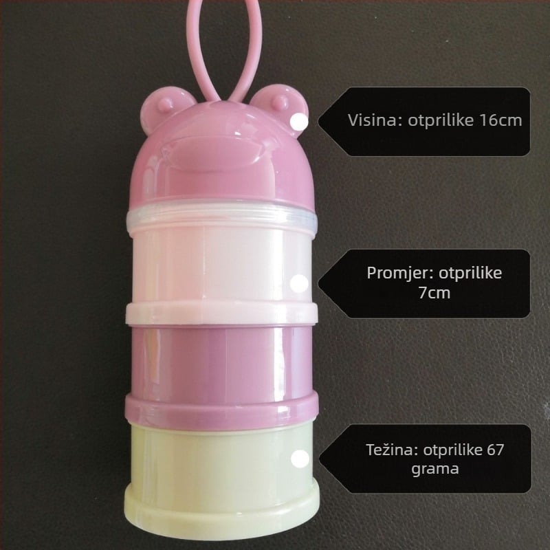Prijenosna kutija za mliječnu formulu s višeslojnom pregradom, neovisne odjeljke, crtić dizajn — modeli s tri ili četiri kata za djecu 0–2 godine.