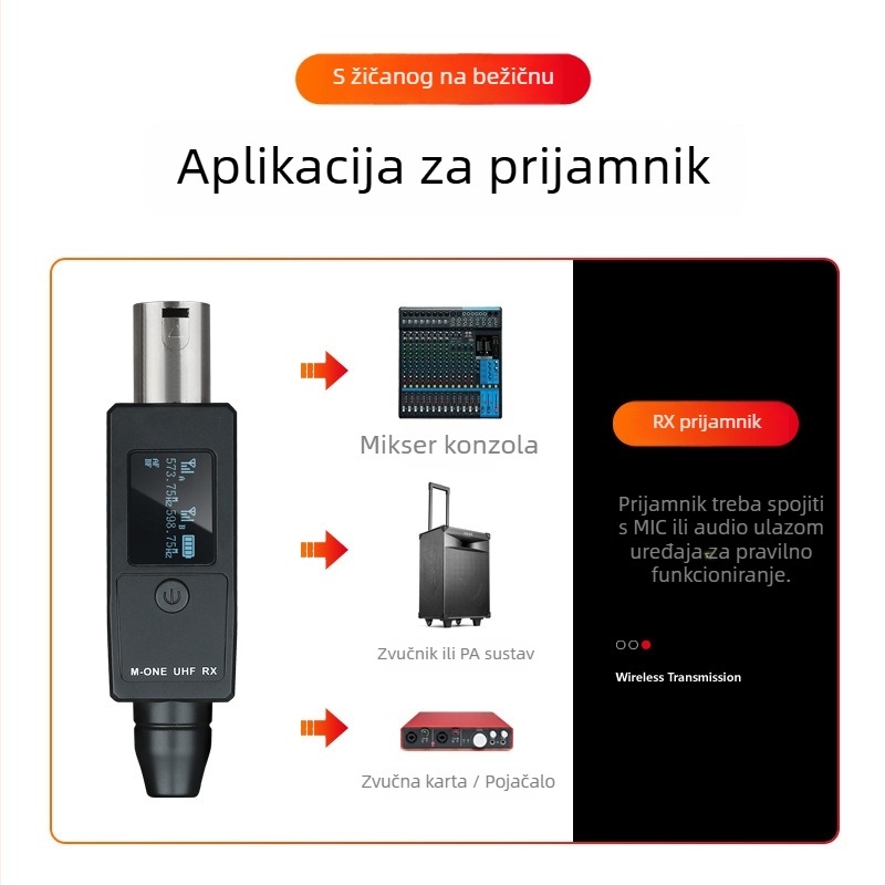RK M-1 Bežični sustav za povezivanje mikrofona: prijenosnik i prijemnik, kabel–bežični, 1 na 2