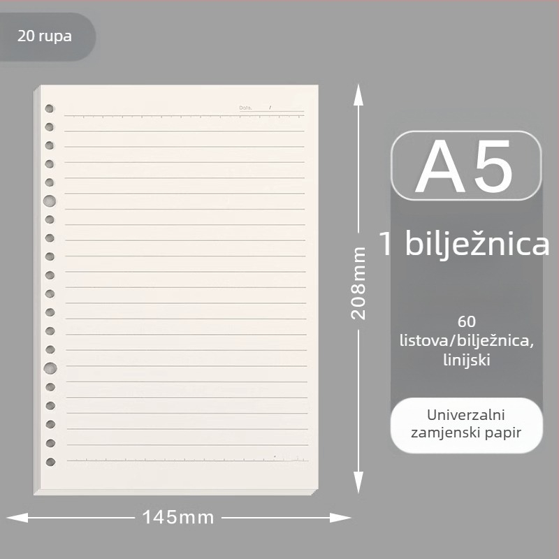 Deli zamjenska jezgra za bilježnicu s rupicama 20/26/30, 60 listova, debeli bijeli papir, model NA560-2