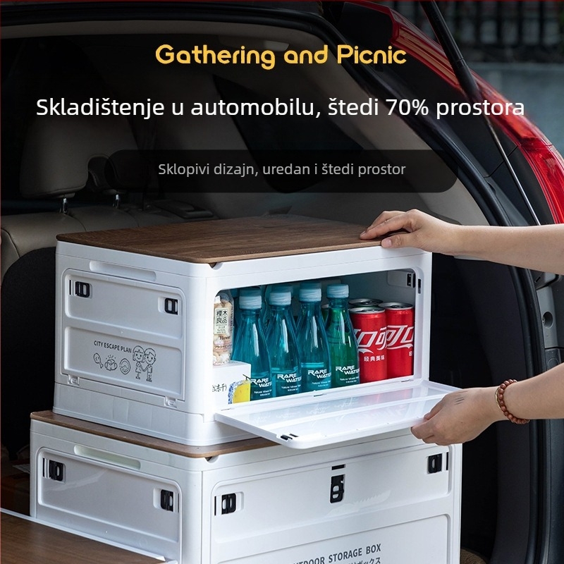 Plastična sklopiva kutija za auto s drvenim poklopcem, organizator prtljažnika za piknik i sitnice