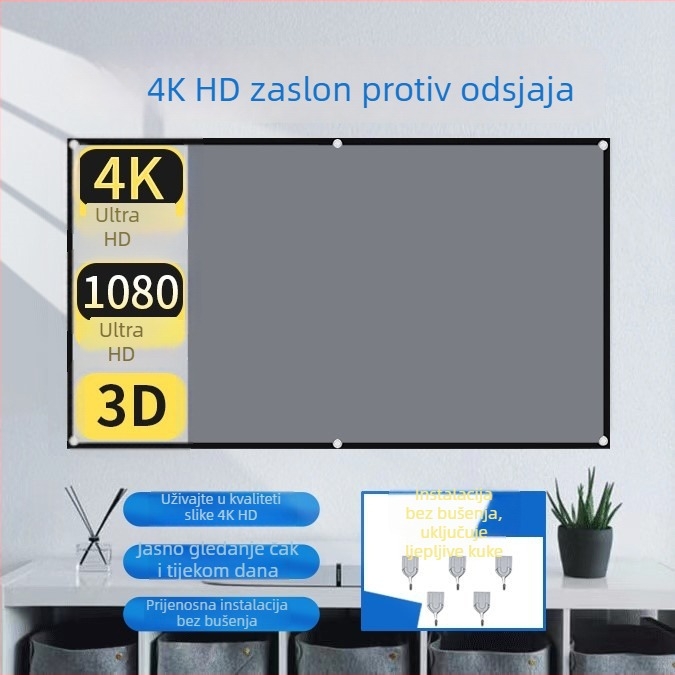 Metalni antirefleksni projekcijski ekran za kućnu upotrebu, sklopiv, bez bušenja, dnevna projekcija u dnevnom boravku