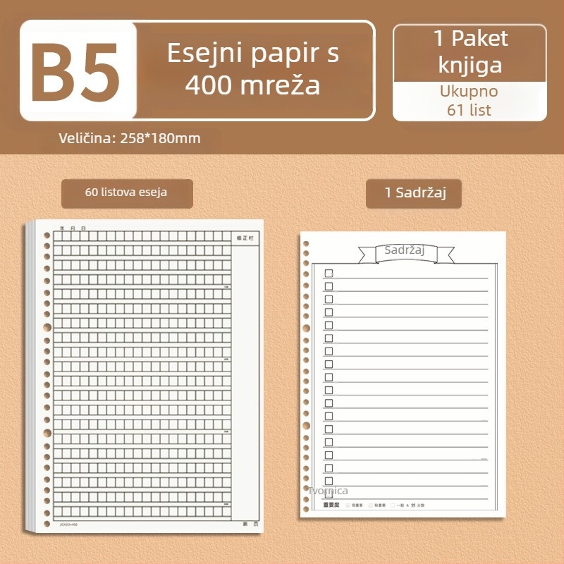 B5 papir za kompoziciju s uklonjivim zamjenskim jezgrom, debeli mrežasti papir, 400/300/1000 mreža, za studente
