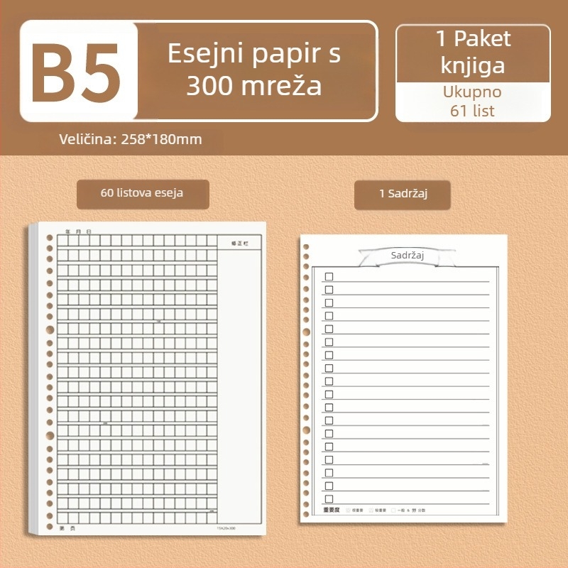 B5 papir za kompoziciju s uklonjivim zamjenskim jezgrom, debeli mrežasti papir, 400/300/1000 mreža, za studente