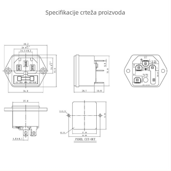 Dvostruka C14 utičnica sa sigurnosnim blokom, pričvršnim ušima i otvorima za vijke – pogodna za uređaje za brojanje novca i projektore, radna temperatura -20 do 85°C, opcijsko ožičenje