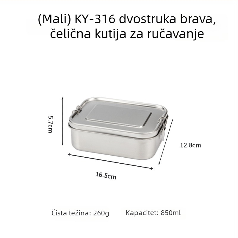 Kutija za ručak od 316 nehrđajućeg čelika, pravokutna, izolirana, 800–1000 ml, jednoslojna