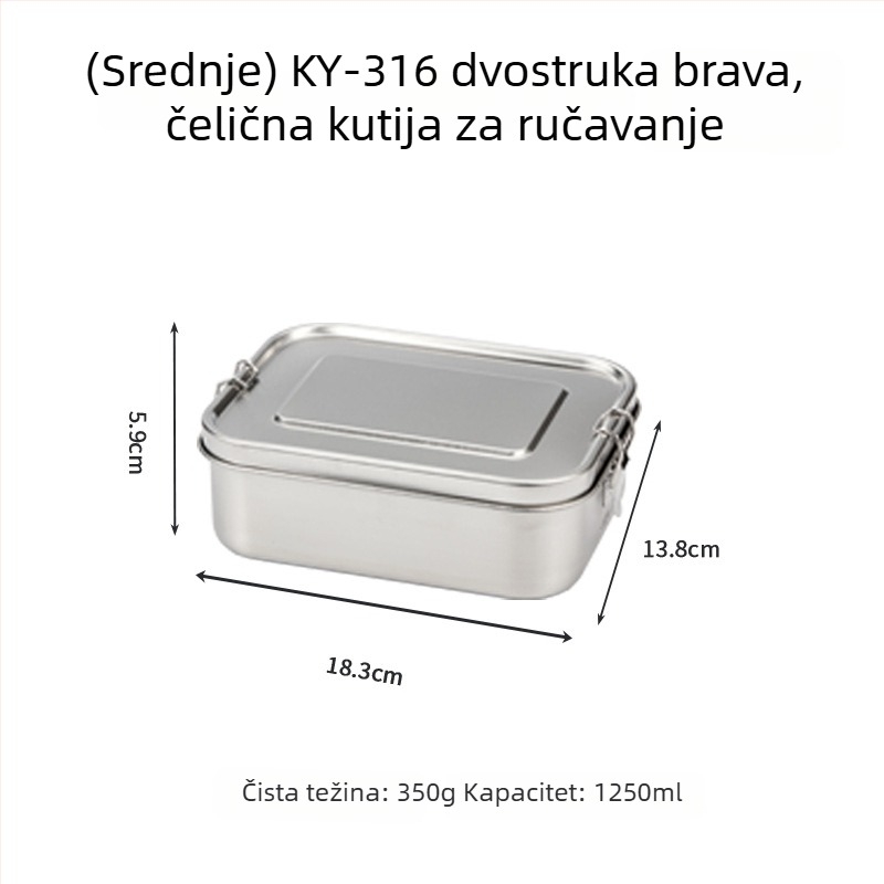 Kutija za ručak od 316 nehrđajućeg čelika, pravokutna, izolirana, 800–1000 ml, jednoslojna